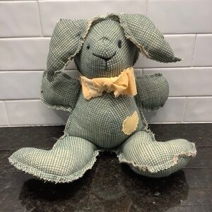 Green Gingham Stuffed Bunny Rabbit with Yellow Bow Tie and Heart